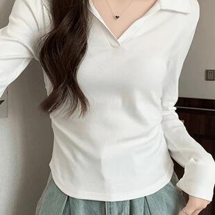 polo领纯欲风长袖T恤女收腰短款小衫设计感不规则上衣