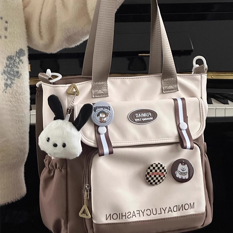 帆布包女初中生撞色学生手提袋补习袋帆布斜挎包初中生大容量