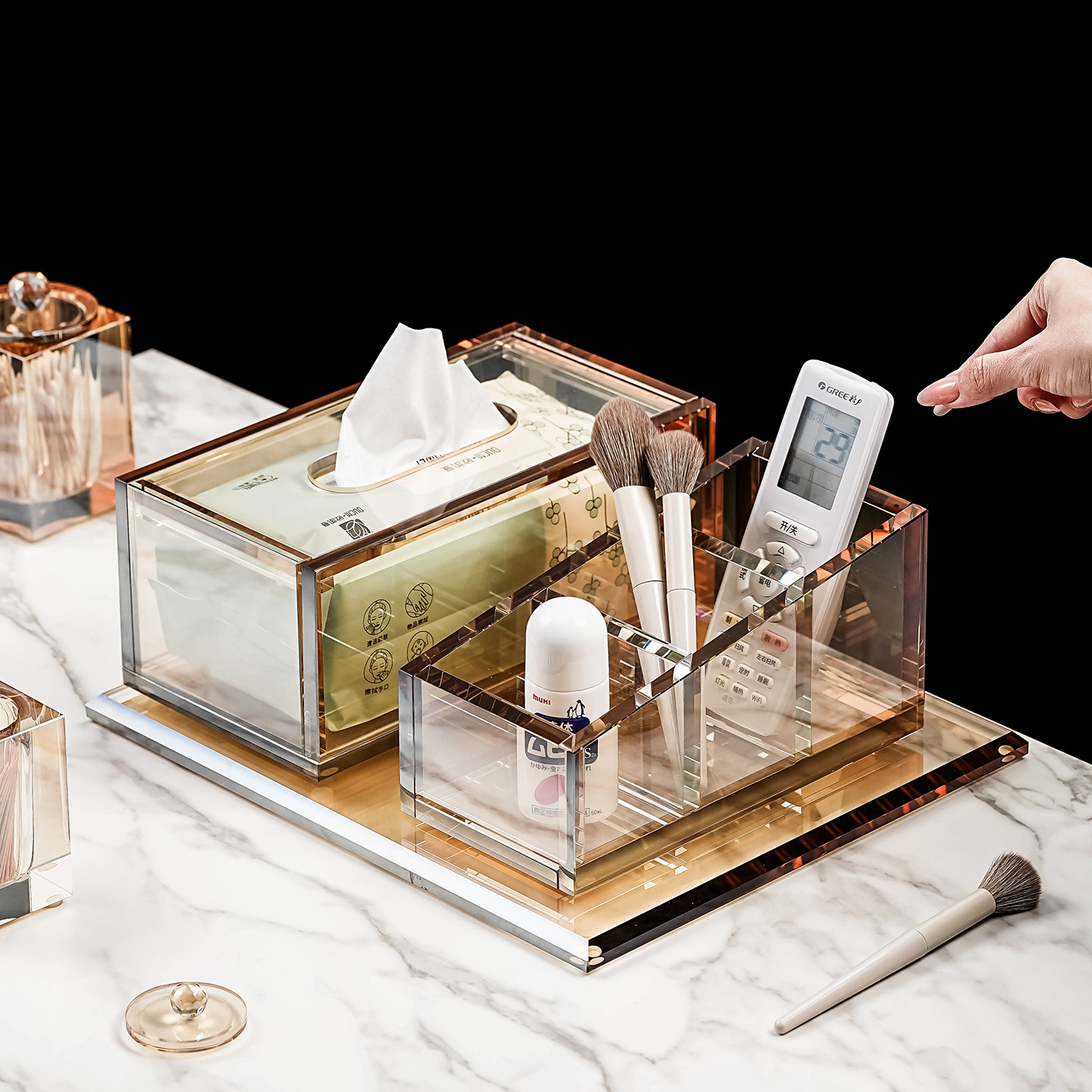 轻奢水晶玻璃桌面遥控器收纳分格收纳盒牙签筒家用客厅茶几纸巾盒,收纳整理,桌面收纳盒,淘宝优惠券,粉丝福利购,淘宝优惠卷