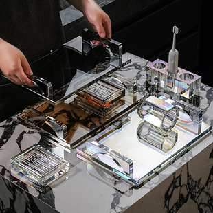 卫浴台面置物架创意轻奢风水晶玻璃托盘洗漱用品牙具收纳漱口杯架