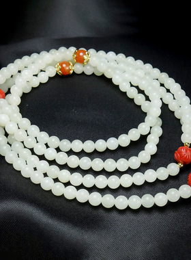 天然新疆和田玉白玉圆珠手链三圈玉手串朱砂莲花南红配饰