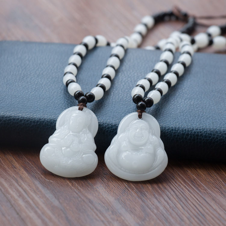 纯白玉佛吊坠情侣款全玉珠