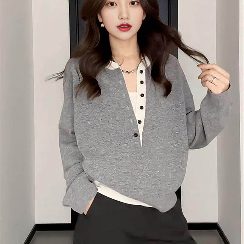洋气减龄假两件毛衣针织衫早秋新款胖mm宽松半开门襟内搭外穿上衣