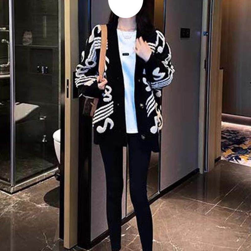 慵懒风时尚中长款针织衫女秋冬季毛衣开衫外套黑色长袖上衣外套潮