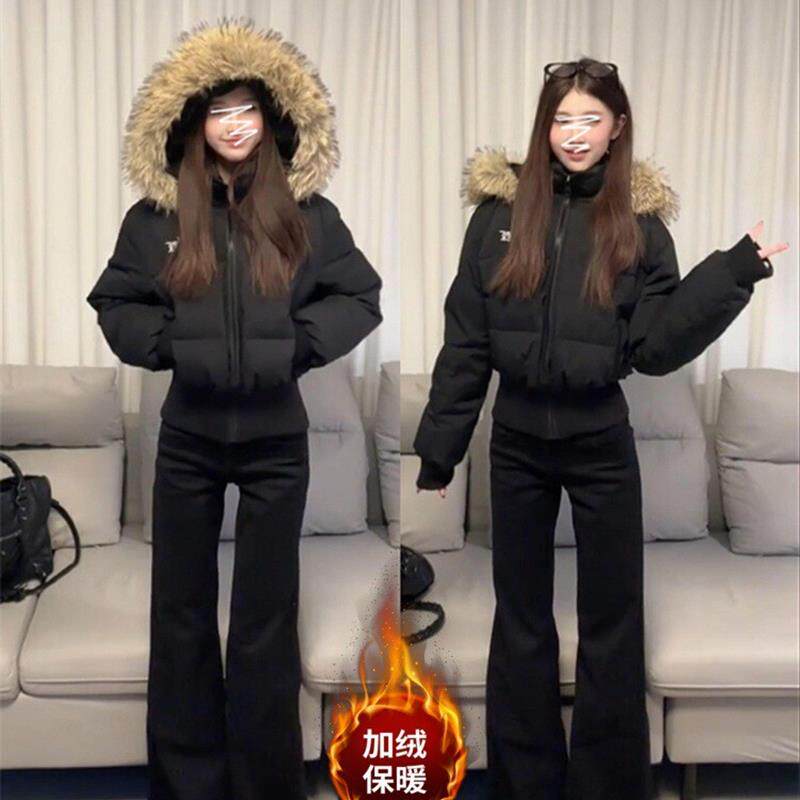 大码加绒加厚微喇叭牛仔裤女冬季胖mm高腰显瘦直筒阔腿马蹄拖地裤