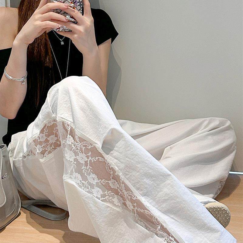 2026白色蕾丝拼接运动裤女夏季慵懒风高腰宽松伞兵裤阔腿速干裤子