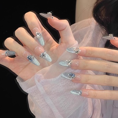 手工春日清透冰晶法式猫眼纯手工穿戴甲中长款椭圆闪钻美甲贴片