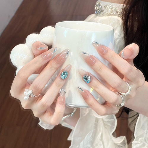 艺人裸色清透感海洋之心纯手工美甲穿戴甲中长款2026新款美甲贴片
