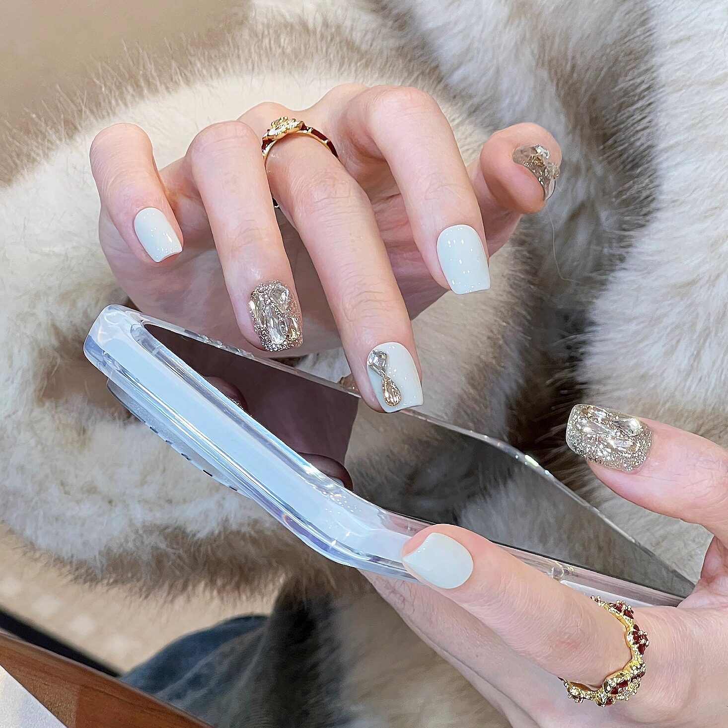 艺人奶白香槟碎钻轻奢高级感手工美甲穿戴甲短款简约显白指甲贴片,彩妆/香水/美妆工具,穿戴甲/甲片,淘宝优惠券,粉丝福利购,淘宝优惠卷