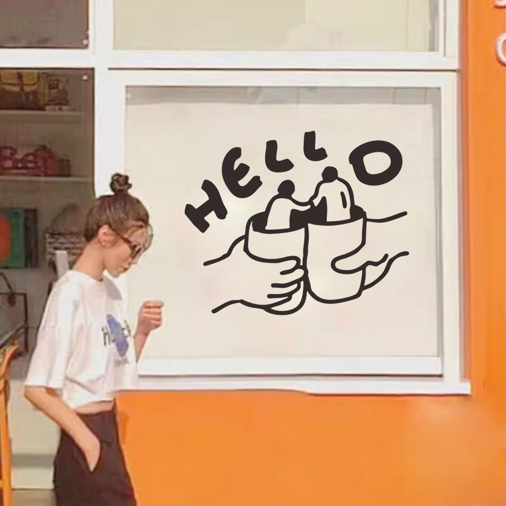 hello 创意ins图案奶茶店咖啡店酒馆玻璃门橱窗贴纸 背景装饰墙贴