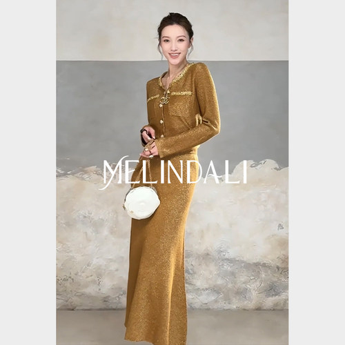 MELINDA LI【迷人眼套装】法式重工小香风手工钉珠针织开衫裙套装