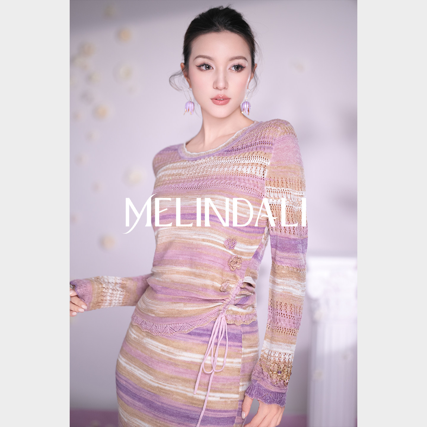 MELINDA LI【莫奈紫罗兰】周年庆段染条纹闪丝针织钩花上衣鱼尾裙图片