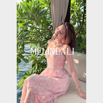 MELINDA LI【桃粉香槟】天丝镂空绣花财阀千金女装贵气吊带连衣裙