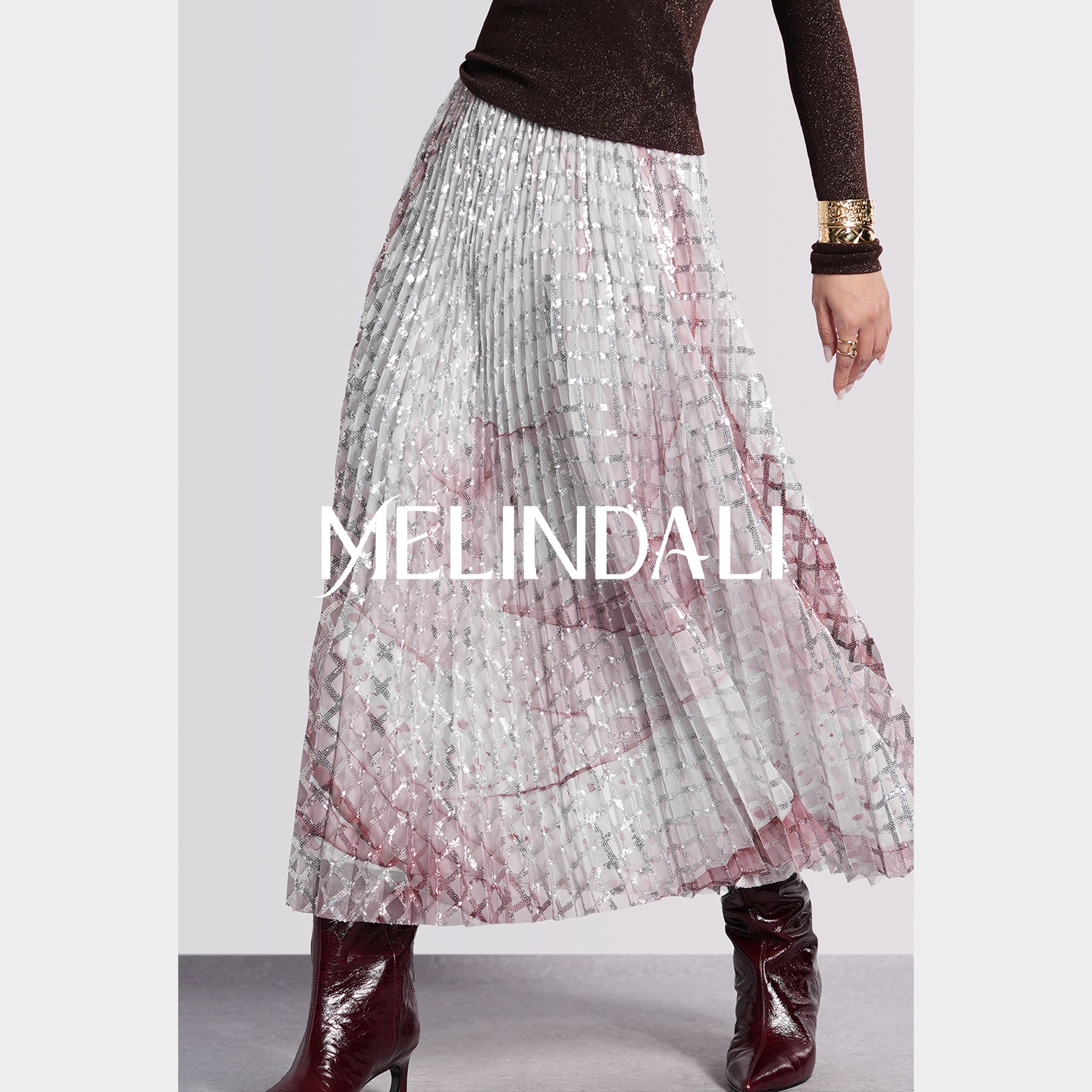 MELINDA LI【人鱼百褶】黑标意大利进口Omnia Piega珠片纱百褶裙