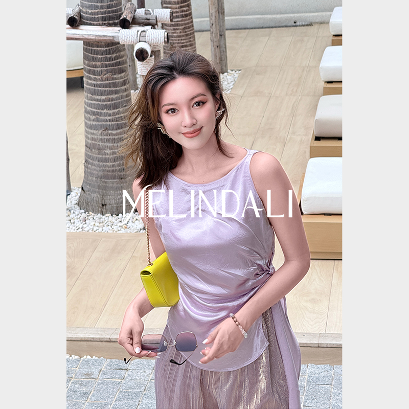 MELINDA LI【紫蝶贝】优雅光泽感醋酸微褶扭结收腰无袖上衣