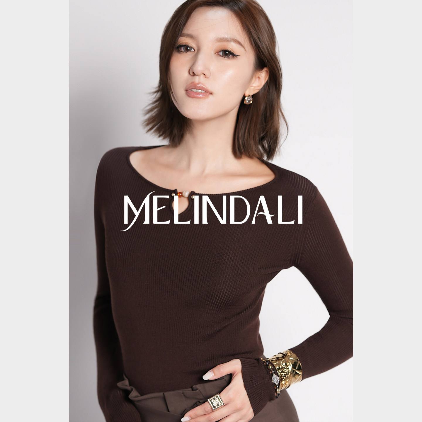 MELINDA LI【宝石衫】绵羊毛水滴圆珠坑条修身显瘦套头长袖针织衫