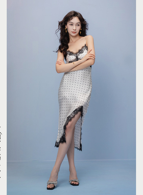 Melinda Li 6A级桑蚕丝16mm斜裁波点印花面料蕾丝边吊带连衣裙