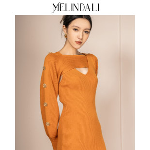 MelindaLi 针织镂空钮结连衣裙气质显瘦中长裙女装