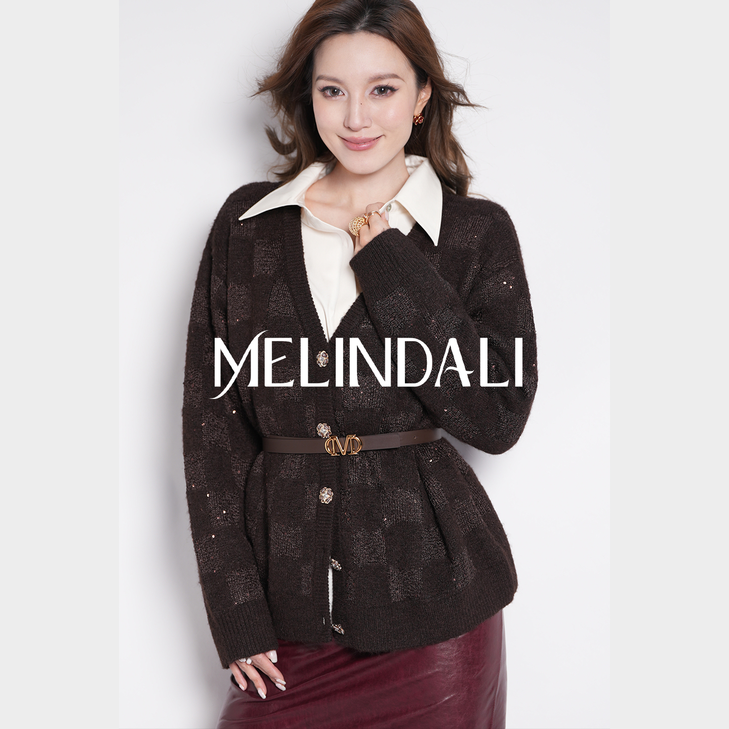 MELINDA LI【满眼星河】重工织片亮闪棋盘格V领松弛感针织开衫