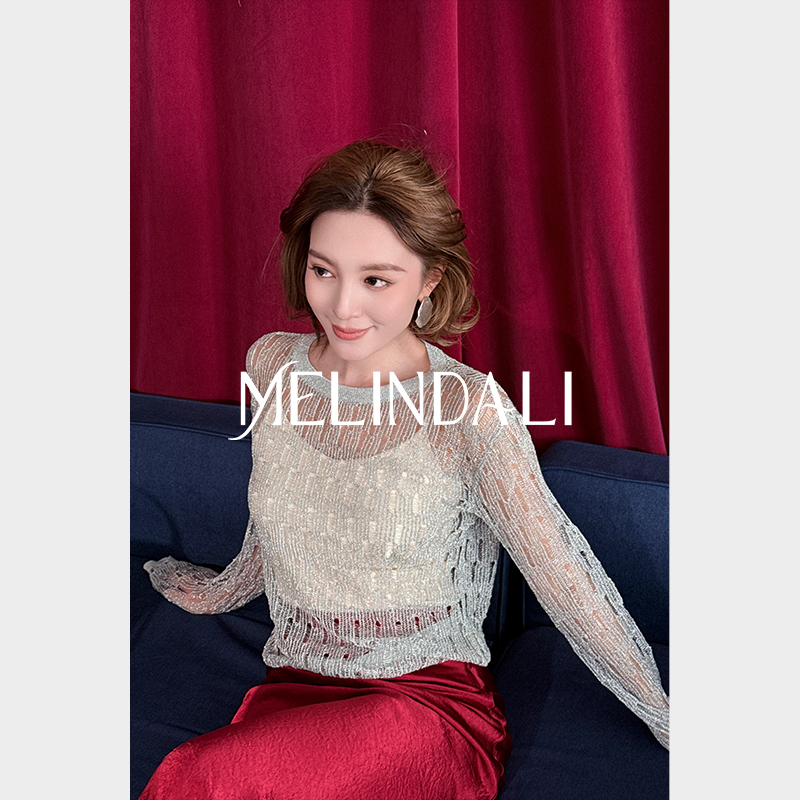 MELINDA LI【银河系】梦颖私服银丝朦胧微宽松落肩廓形针织罩衫