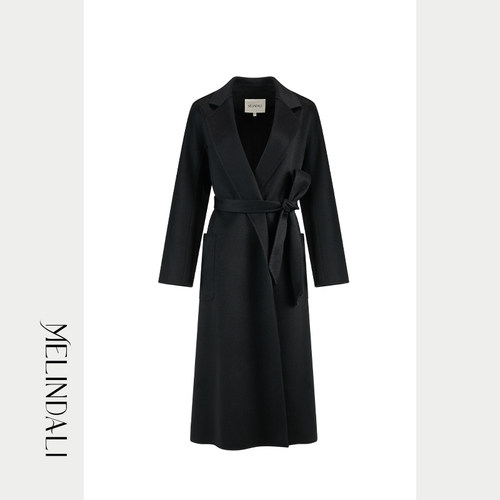 MelindaLi黑白色羊绒腰带大衣