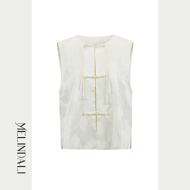 MELINDA LI【玉琢】国风新中式人丝提花郁金香花型盘扣马夹直筒裤