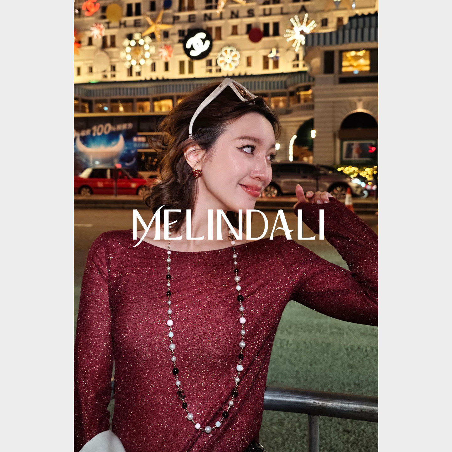 MELINDA LI【闪闪多金】韩国进口网纹金葱细闪酒红网纱透视长袖T