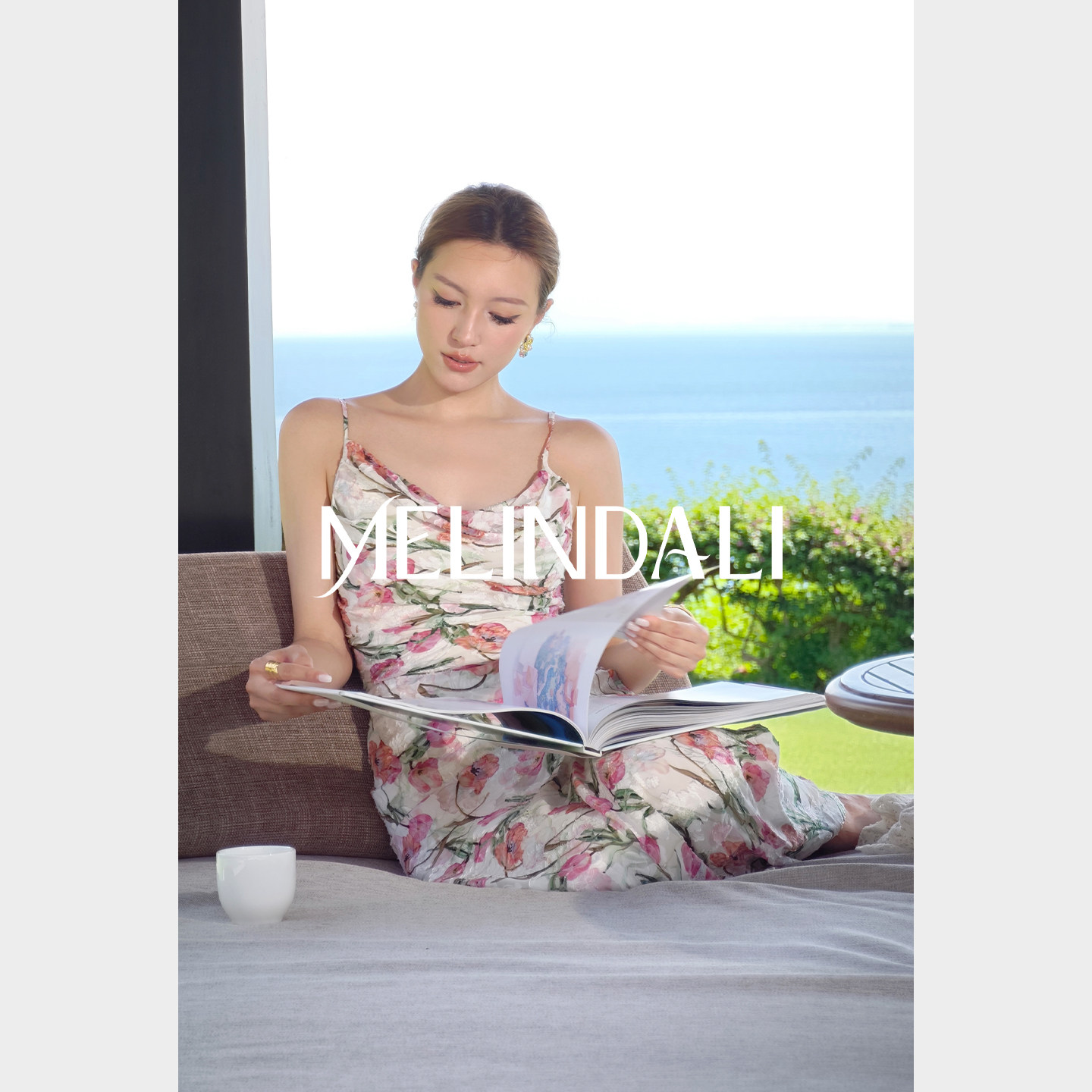 MELINDA LI【花香伊甸】法式浪漫雾粉花卉提花剪花荡领吊带连衣裙