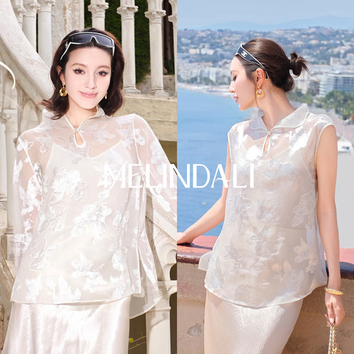 MELINDA LI【玉洁冰清】新中式桑蚕丝欧根纱山茶剪花上衣长袖衬衫
