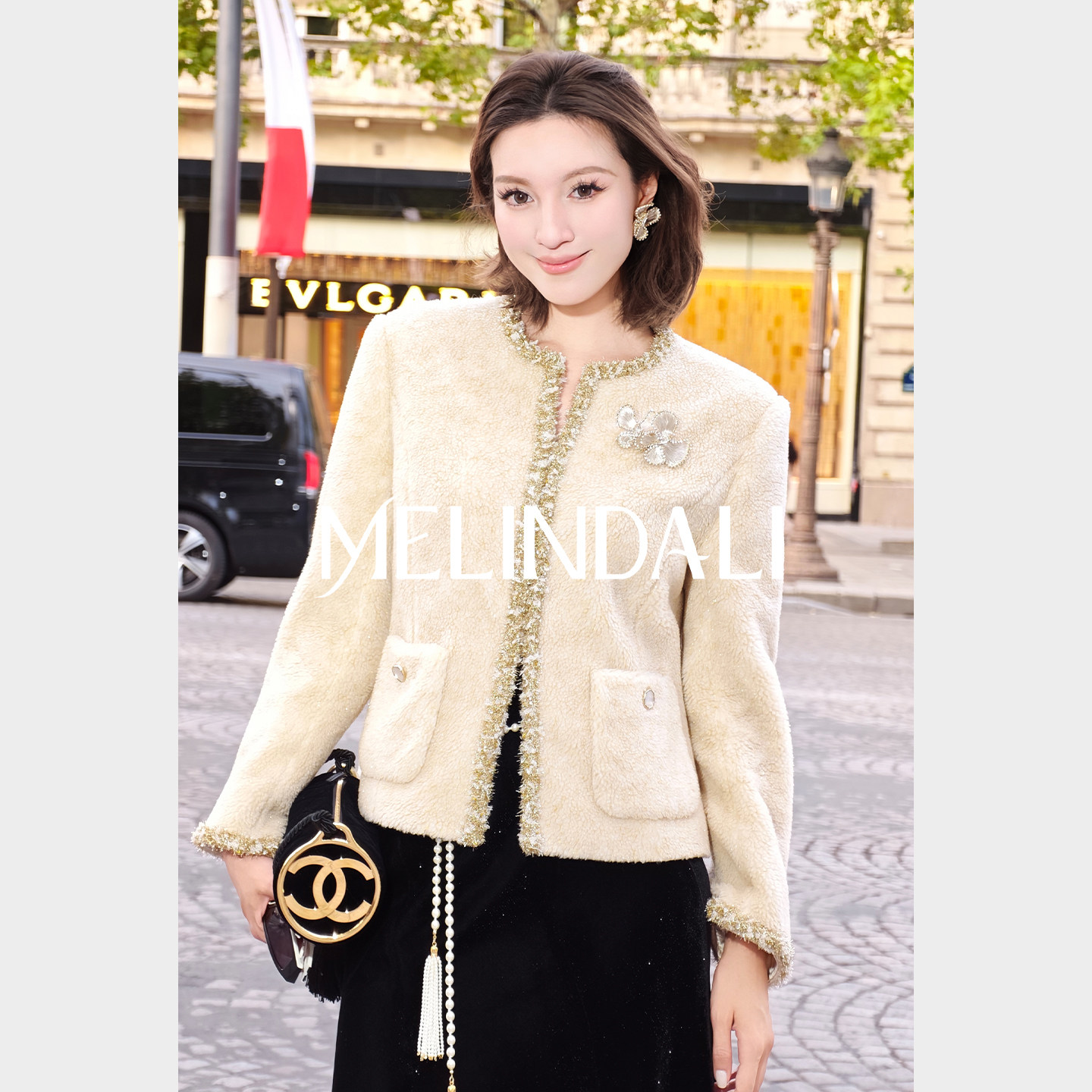 MELINDA LI【香榭米金】黑标日本泷定大阪摇粒绒金葱织带小香外套图片