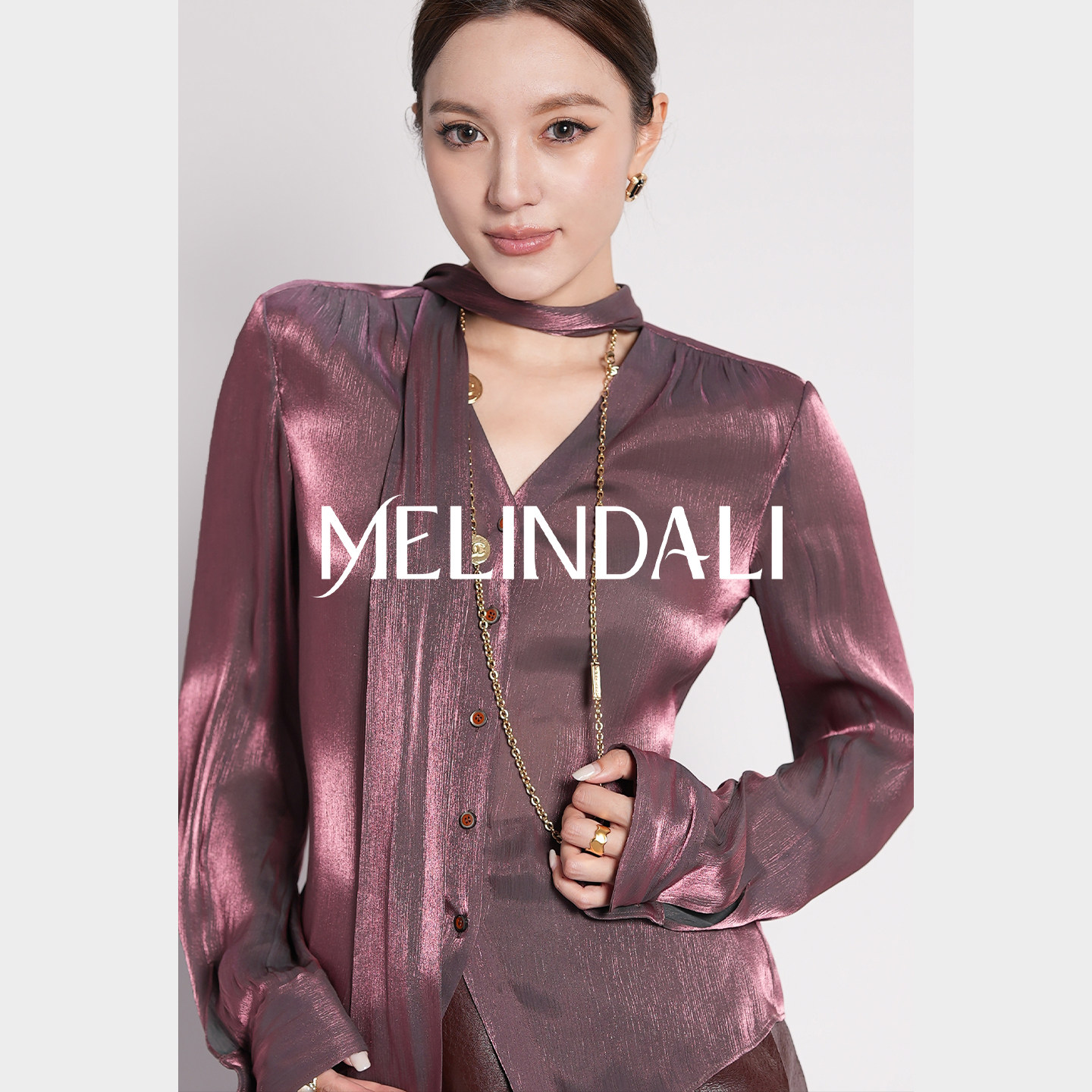 MELINDA LI【红琉璃】日本进口泷定大阪梅洛酒红丝光亮面飘带衬衫