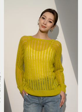 Melinda Li 【柠檬树下】软糯山羊绒桑蚕丝插肩袖镂空针织毛衣