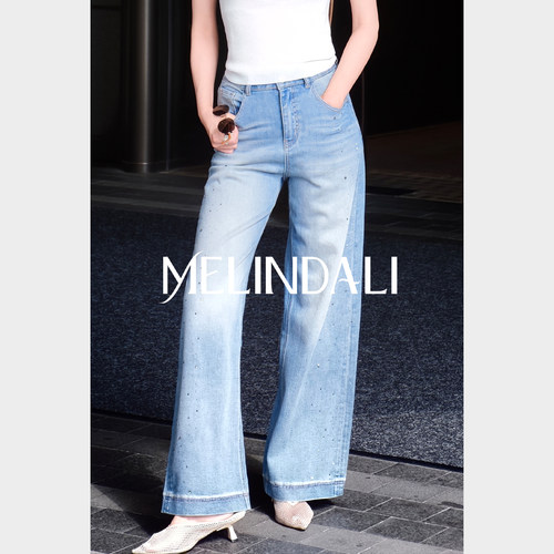 MELINDA LI【星钻蓝牛】爆闪重工定位烫钻郁金香水洗高腰牛仔裤夏