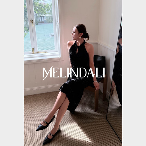 MELINDA LI【东方小夜曲】新中式桑蚕丝丝绒挖肩斜裁旗袍连衣裙