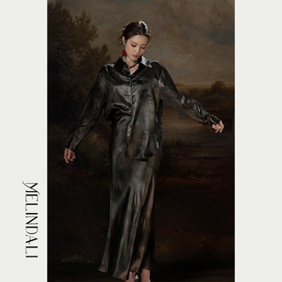 MELINDA LI【京华烟云】重磅醋酸复古晕染印花长袖衬衫半裙套装