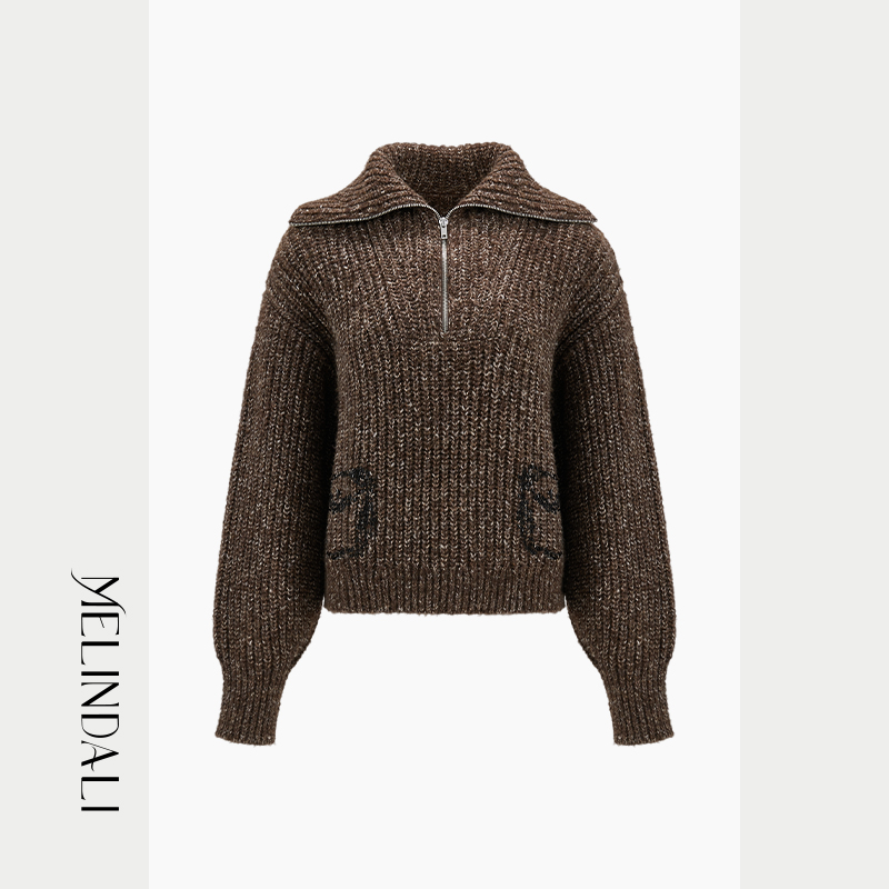 花纱钉珠落肩宽松毛衣