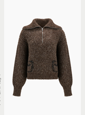 Melinda Li 【漫画家】气质入骨大翻领棕色花纱钉珠落肩宽松毛衣