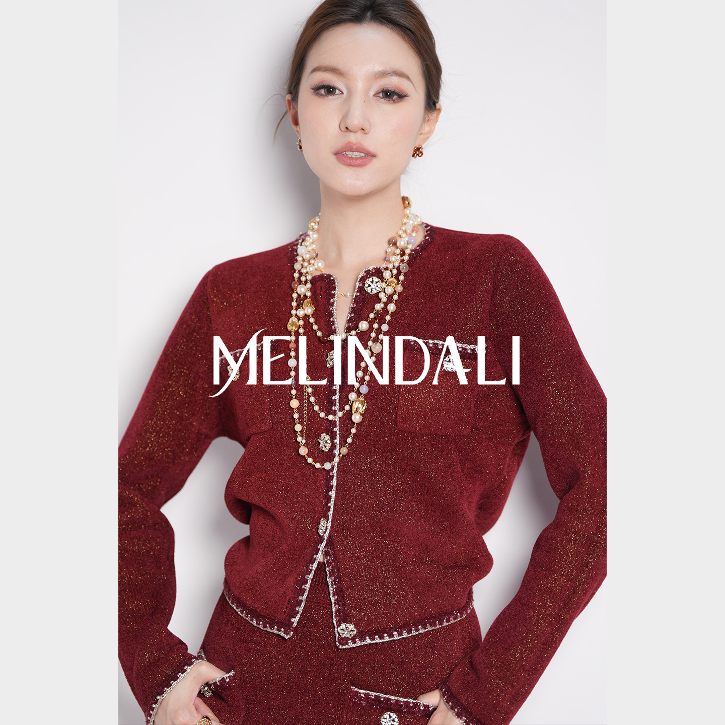 MELINDA LI【红丝绒套装】定染色天鹅绒小香风针织毛衣开衫直筒裙