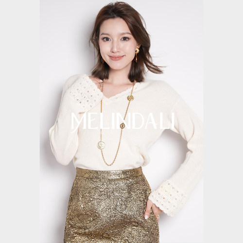 MELINDA LI【白天鹅】梦颖私服超细绵羊毛山羊绒重磅钩花针织衫