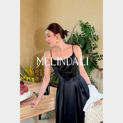MELINDA LI【黑巧赫本】重磅醋酸收腰设计感吊带连衣裙小黑裙