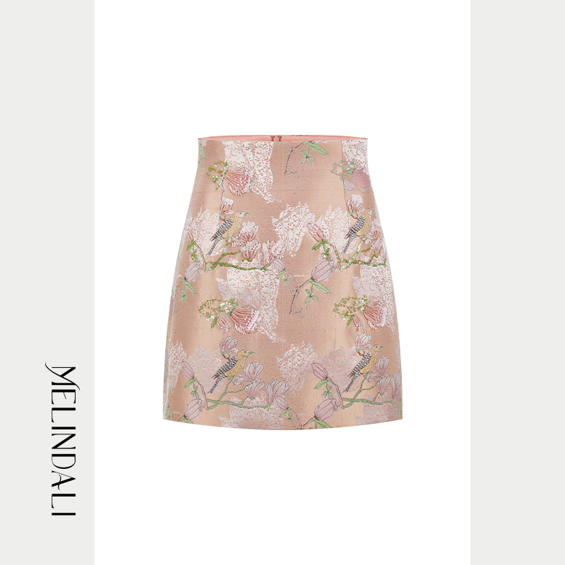 钉珠刺绣A字高腰包臀短半裙