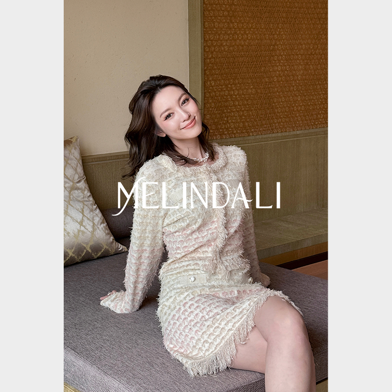 MELINDA LI【渐变人鱼套】摩登奢感手工拉毛流苏香风外套半裙套装