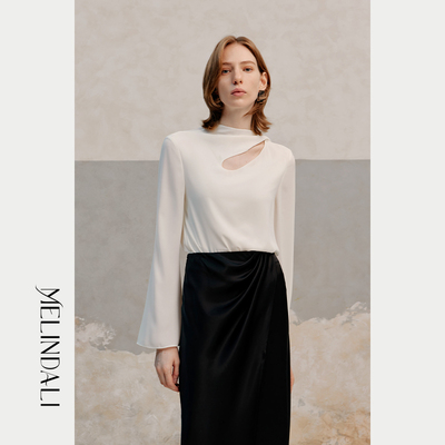 MelindaLi【静谧】重磅桑蚕丝 秋季新品飘带长袖衬衫女喇叭袖上衣