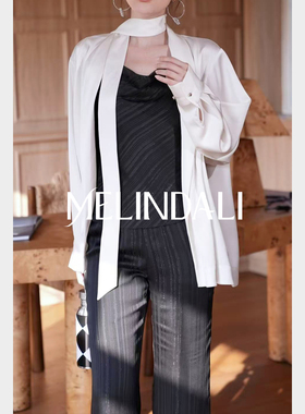 MELINDA LI【月光黑银】私服细闪亮丝条纹荡领吊带微喇长裤套装