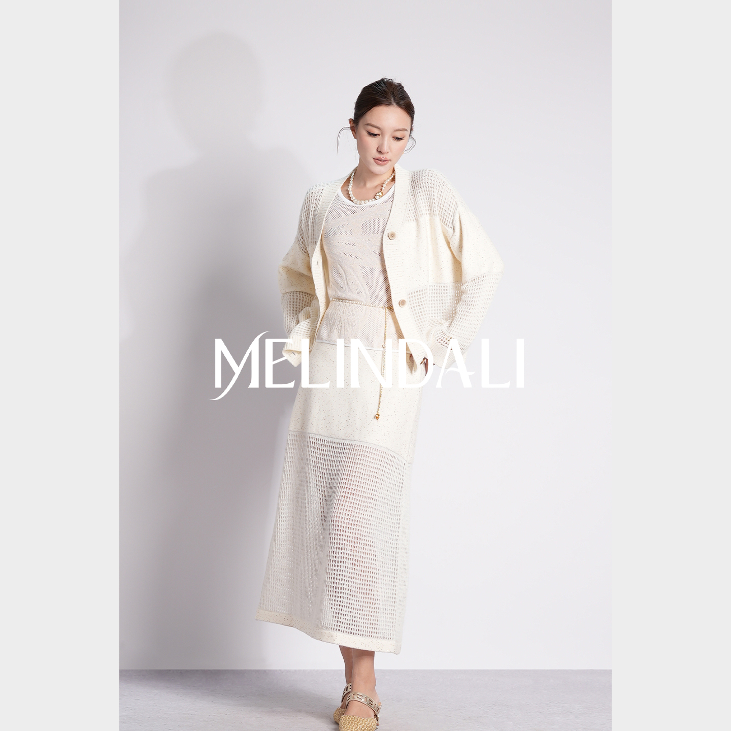 MELINDA LI【不费力精致】私服绵羊毛混纺珠片纱V领针织开衫套装