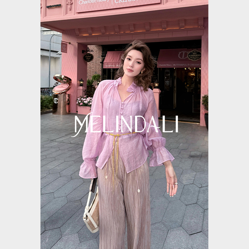 Melinda Li【午夜桔梗】法式褶皱花边V领松紧喇叭袖两件式衬衫