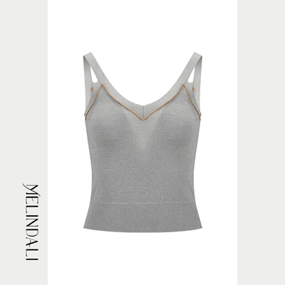 MELINDA LI【星汉】简约舒适撞色针织V领修身短背心吊带打底上衣