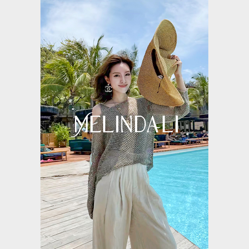 Melinda Li法式百搭细闪亮片手工编织宽边平檐防晒太阳帽草帽