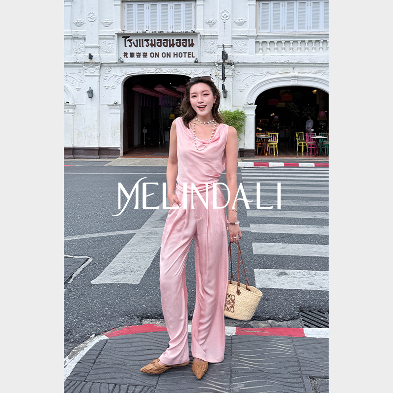 MELINDA LI【醋酸珠光套】重磅100醋酸荡领斜裁上衣高腰阔腿裤