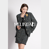 MELINDA 贵气感亮丝粗花呢秋冬小香风外套半裙套装 财阀藏青